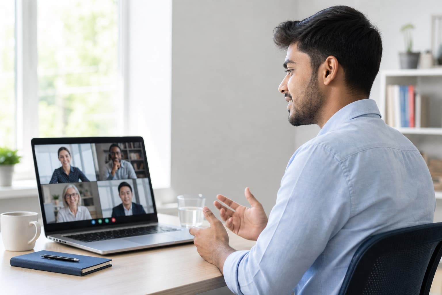 A graduate answering questions in a mock interview with a panel of professionals joining from several countries